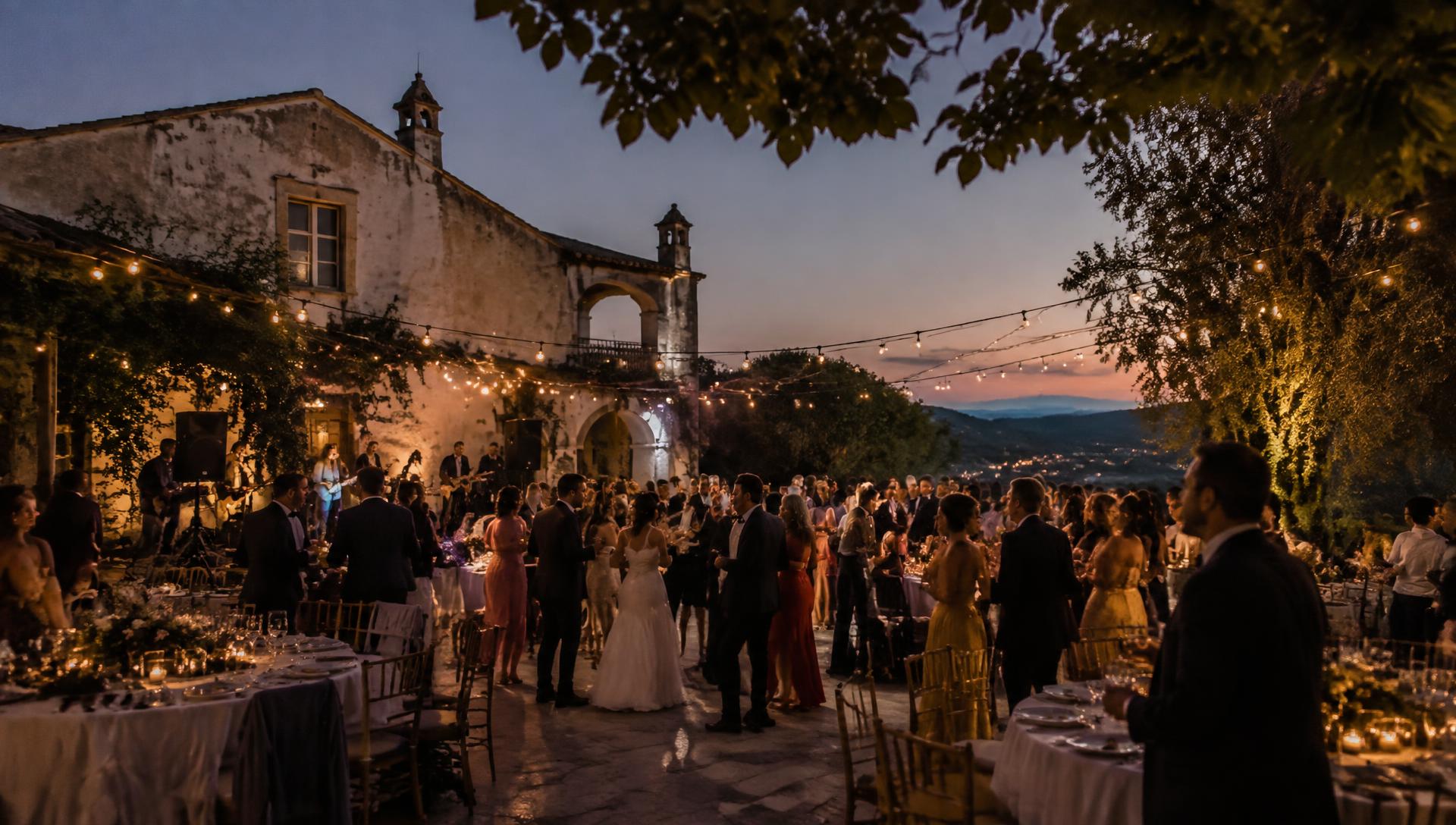 Festa de casamento ao anoitecer numa quinta portuguesa